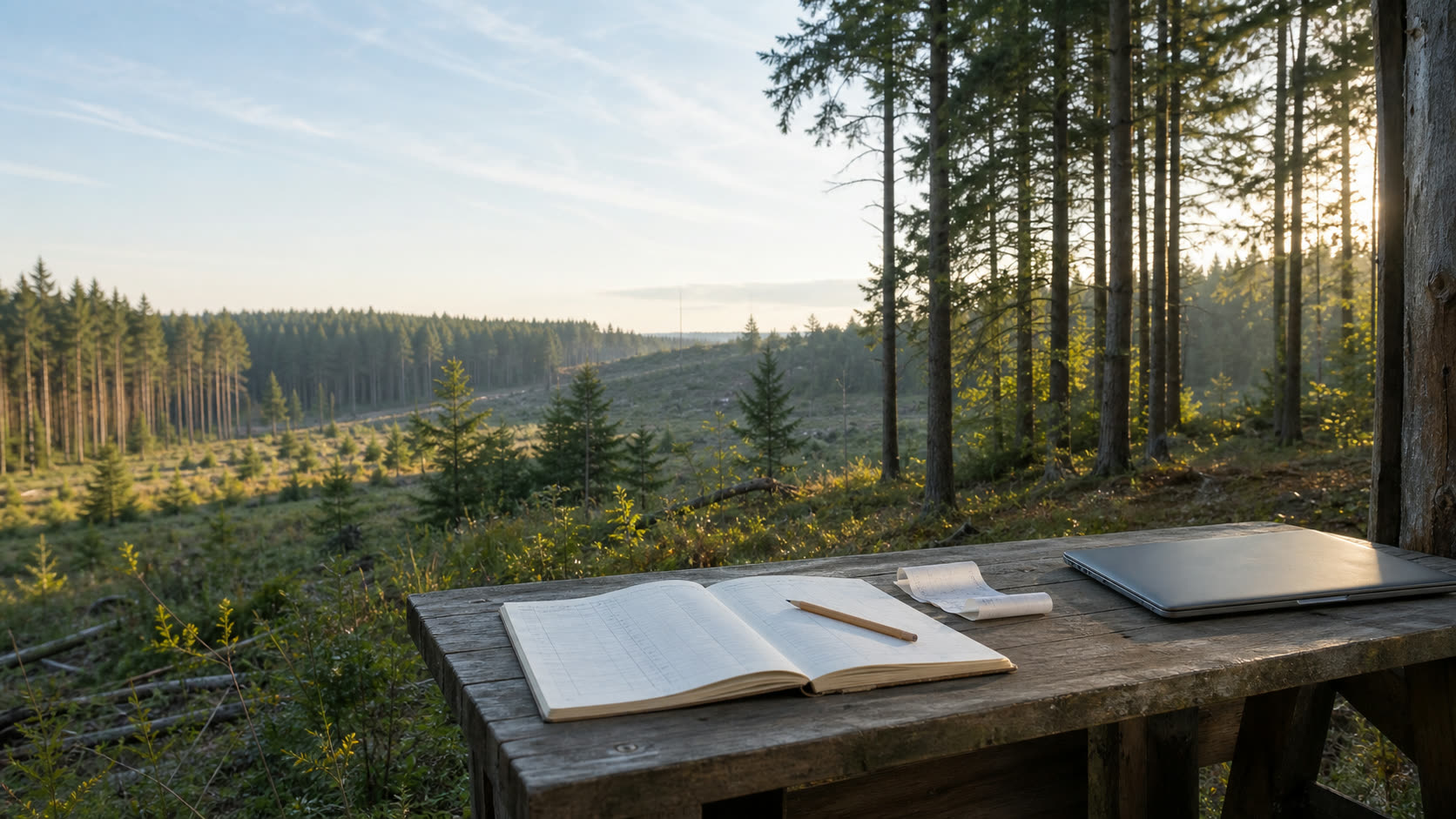 Skogsbryn med bokföringsunderlag på ett träbord